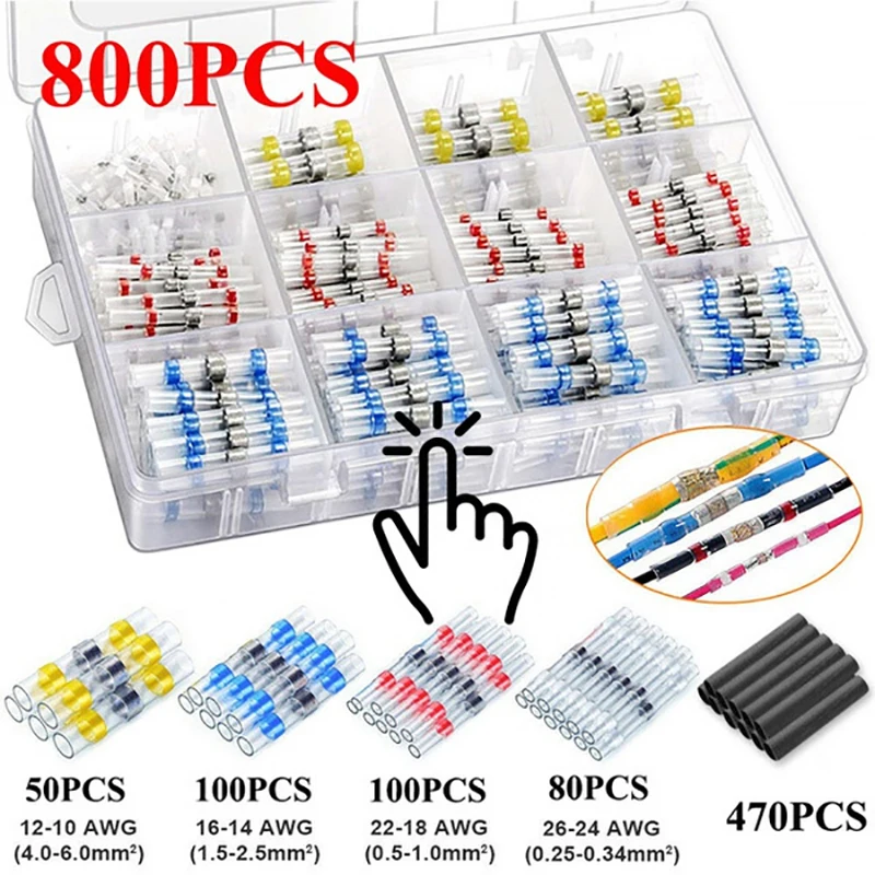 50/100/250/500/800Pcs Tinned Copper Solder Seal Wire Connectors Kit Heat Shrink Butt Electrical Wire Terminal for automobile
