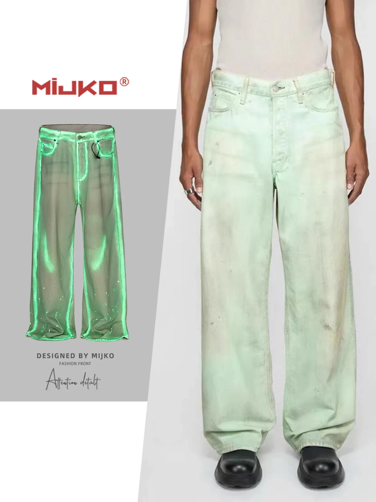 

MIJKO Men's Green Washed Faded Denim Jeans 2025 Trendy Loose Straight Leg Wide Leg Pants High Street Style ZJ096