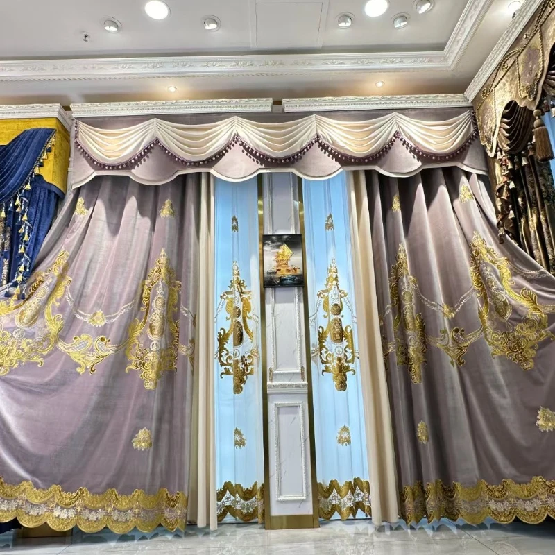 Europe Luxury Purple Gold Embroidered Villa Curtains for Living Room Windows High Quality Velvet Bedroom Hotel Valance Curtain