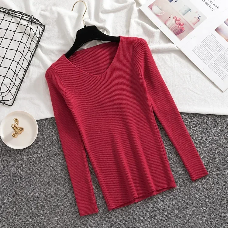 Autumn Winter Pullover Sweater Long Sleeve Top Women V Neck Green Jumper Streetwear Solid Bodycon Black Sweaters Y2K Clothes