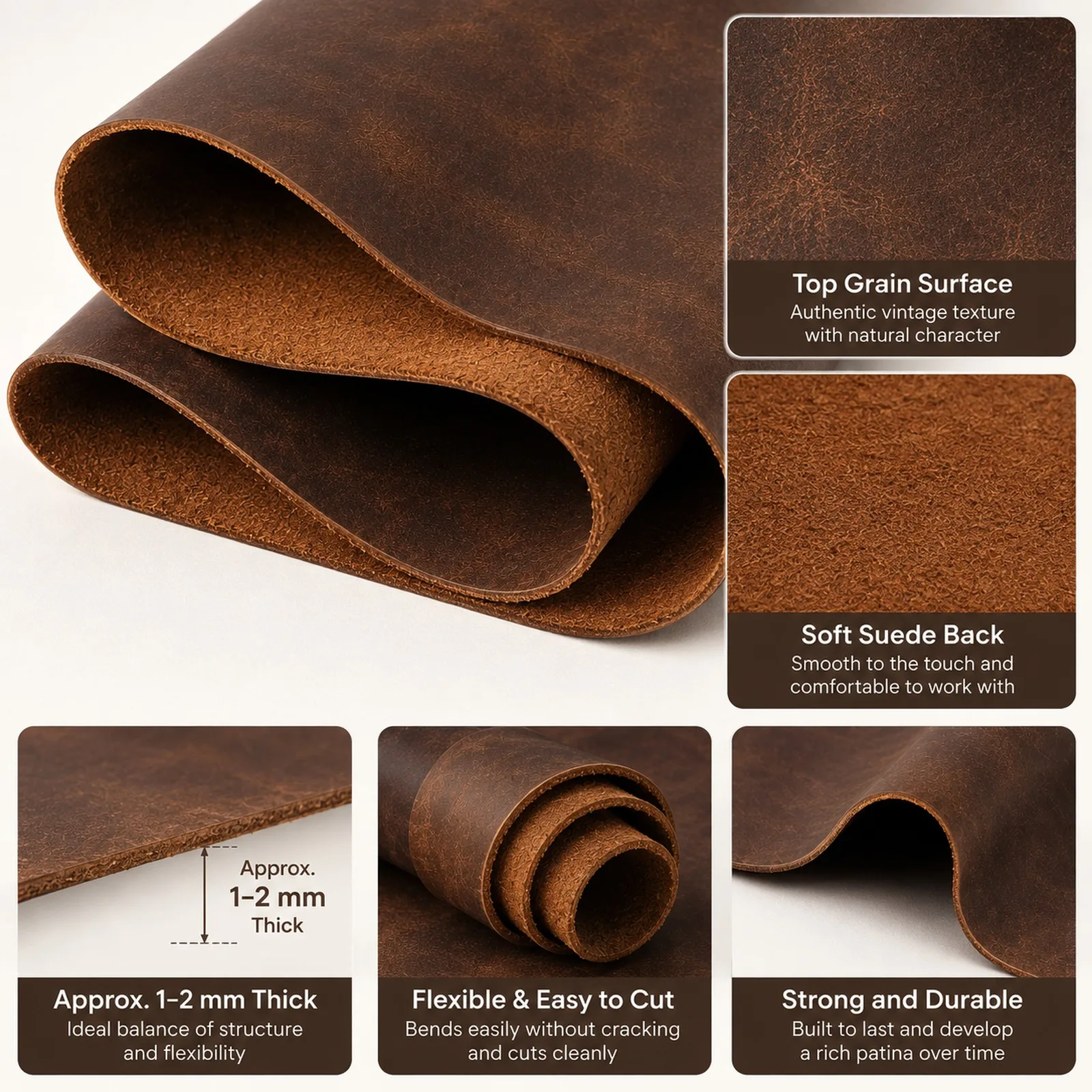 1pcs Crazy Horse Leather, Handmade DIY Leather, Top Iayer Cowhide,Oil Wax Leather, Genuine Leather, Retro 1-2mm Thick