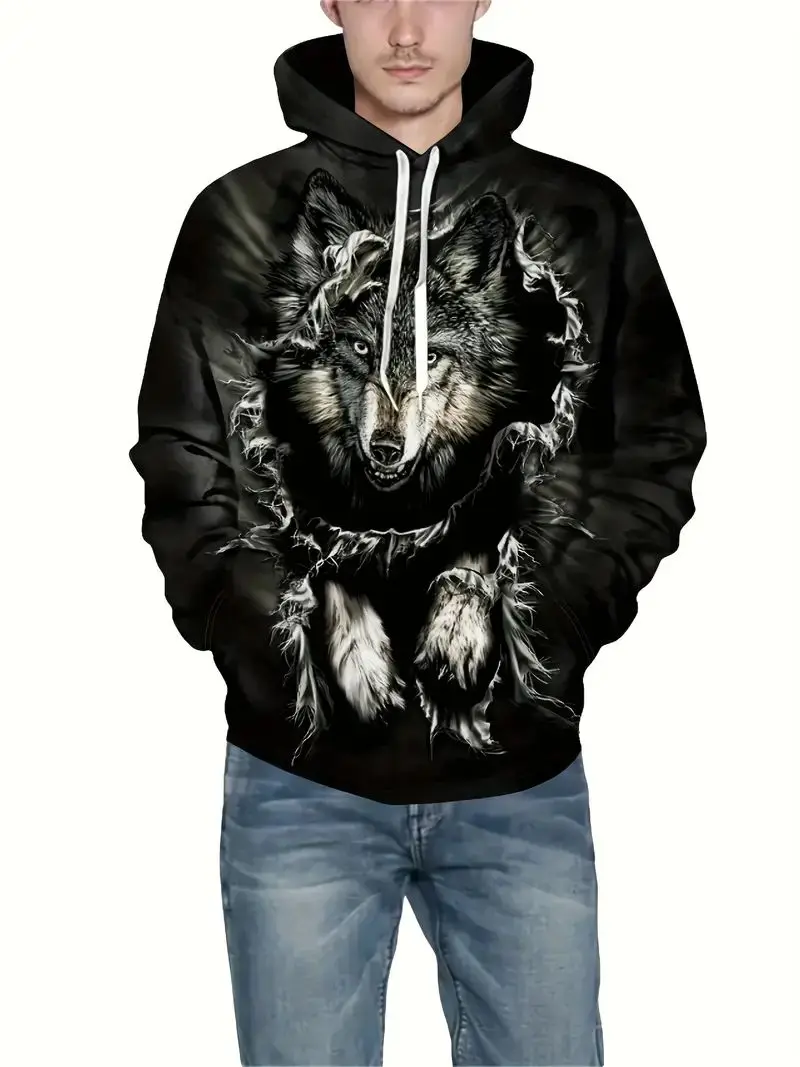 Beast Series Lion / Wolf Print Hoodie,  Men\'s Casual Pullover Hooded Sweatshirt With Kangaroo Pocket Streetwear For Winter Fall,