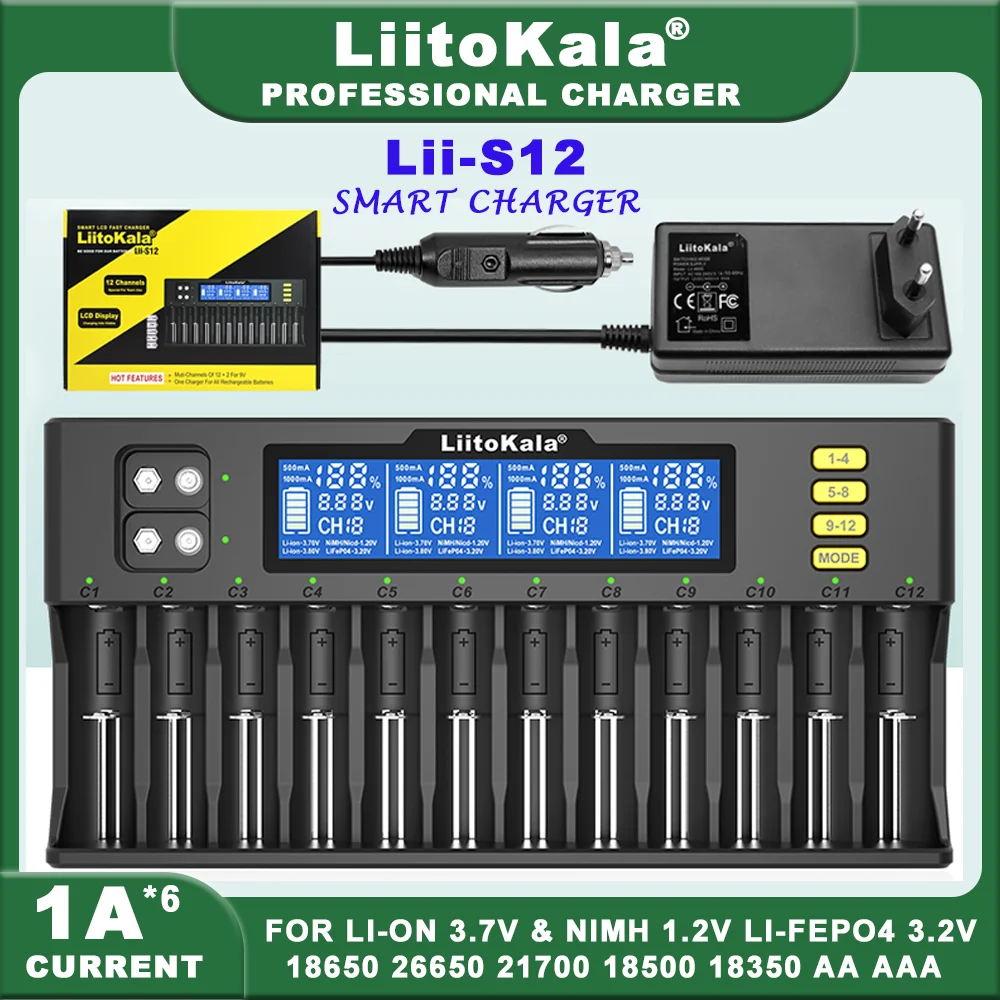 LiitoKala Lii-S12 Lii-500 12-Slot 18650 Battery Charger For 20700 26650 21700 14500 10440 16340 1.2V 3.7V 4.2V Lion Battery