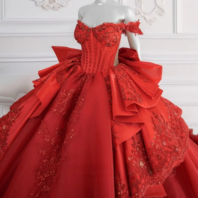 

Light Pink Quinceanera Dresses Off the Shoulder Glitter Flower Decal Long tail Lace Ruffles Vestidoe 15 Quinceanera Customize