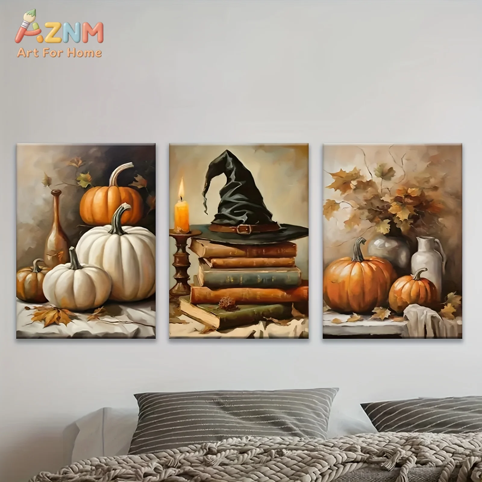 AZNM 3Pcs Vintage Halloween Pumpkin Canvas Wall Art, Witch Hat Book Candle Autumn Maple Leaf Print Frameless Canvas Painting,