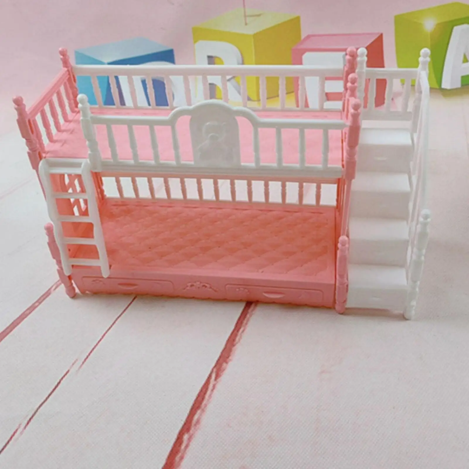 سرير بطابقين مصغر لبيت الدمى البلاستيكي مع سلم DIY بيت الدمية ديكور غرفة النوم ملحق ديكور أثاث مصغر