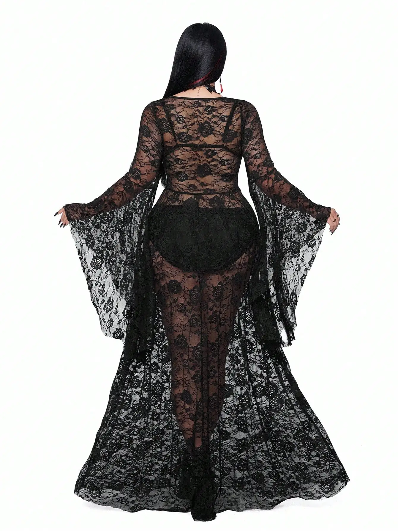 

Готическое кружевное платье макси с рукавами «летучая мышь», сексуальное, полупрозрачное, с узором из роз, в пол, костюм на Хэллоуин