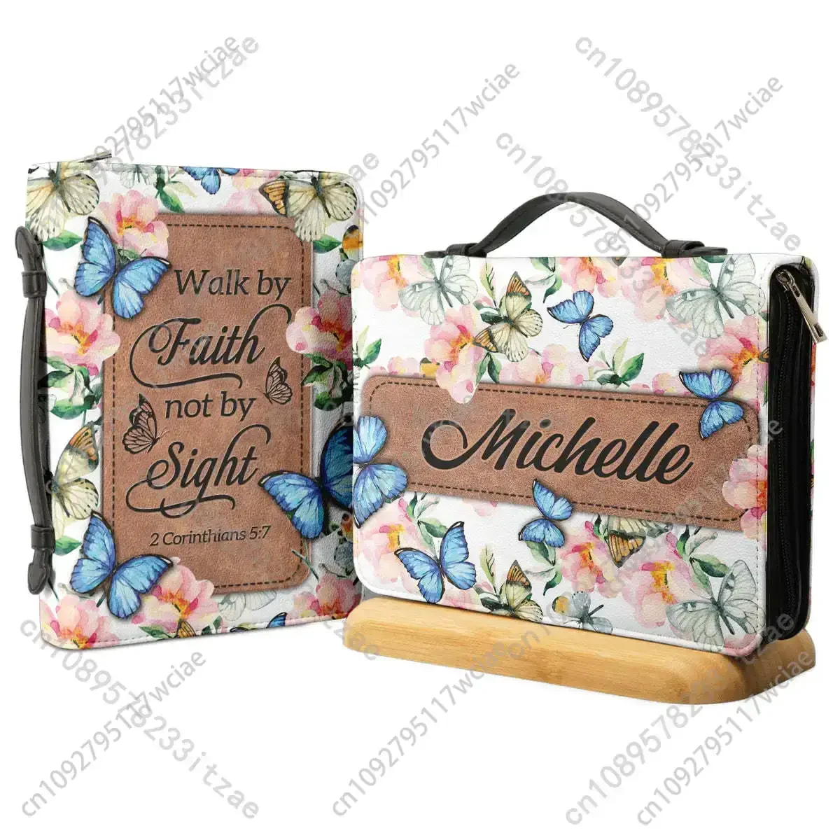 Tas Alkitab dengan Pegangan, Cetakan Ayat Alkitab, Kulit PU, untuk Wanita, Perlindungan Buku Suci, Berjalan dengan Iman Bukan dengan Pandangan