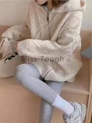 Winter Vintage Loose Knit Zipper Cardigan Womem Y2k Elegant Hooded Oversize Sweater Female Long Sleeve Korean Style Clothes 2023