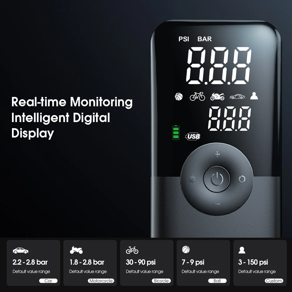 Carsun-充電式エアポンプ,ポータブルインフレーター,デジタルコンプレッサー,ワイヤレス,車,自転車用