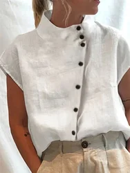 Button cotton and linen stand-up collar casual shirt women's comfortable short-sleeved shirt