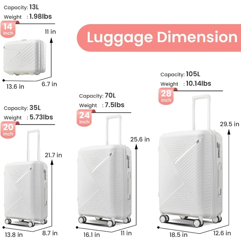 Luggage 4 Piece Sets, Expandable Carry On Luggage Set Hardshell PP, Suitcase Set with Double Spinner Wheels, Checked Durable