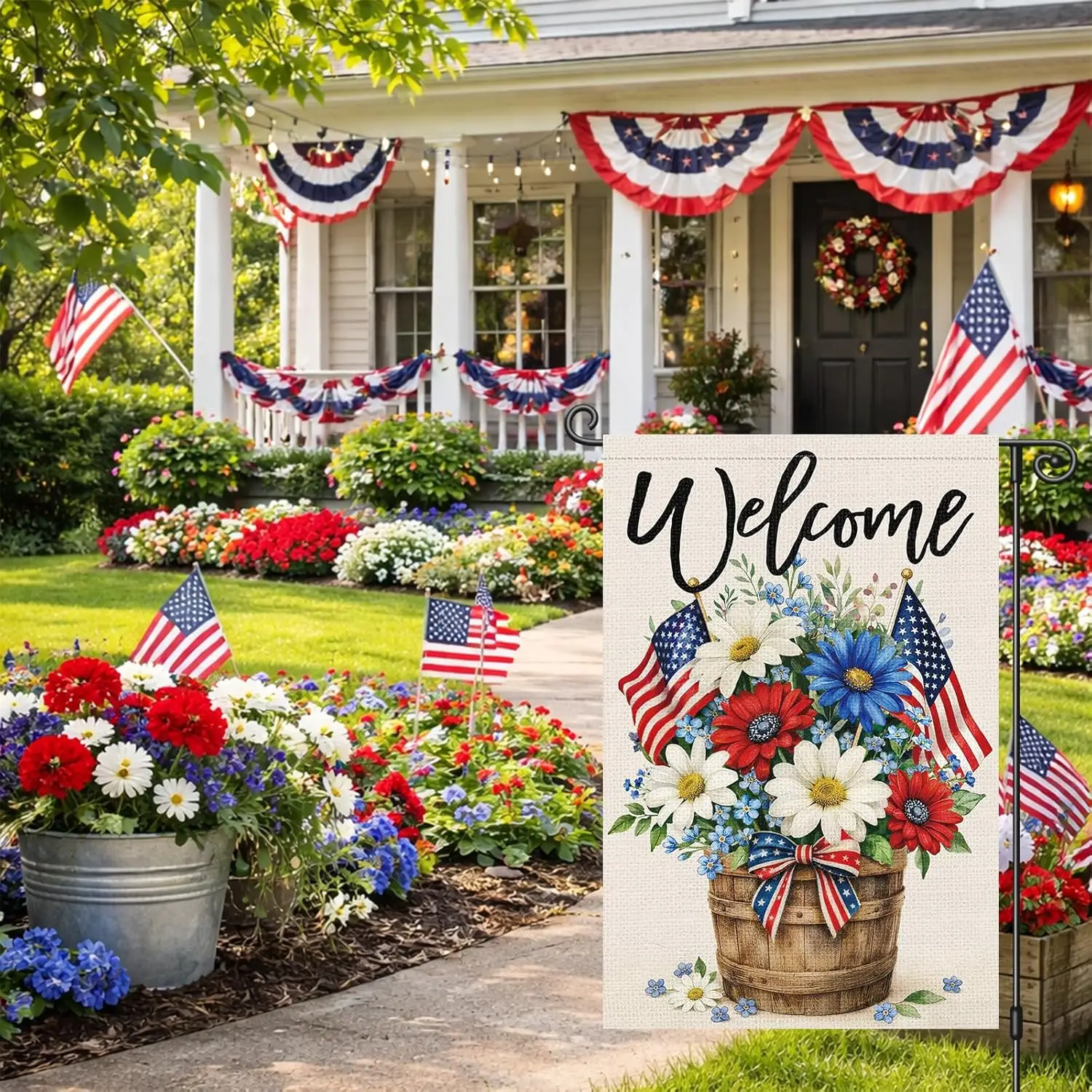 Louise Maelys 4th of July Garden Flag 12x18 Inch Double Sided, Patriotic Daisy Floral Welcome Small Yard Flag, American Inde AAS