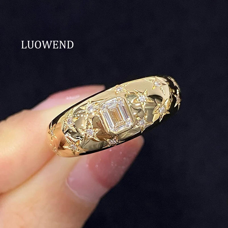 LUOWEND 100% 18K Yellow Gold Rings Romantic Star Shape Real Natural Diamond Engagement Ring for Women High Wedding Jewelry