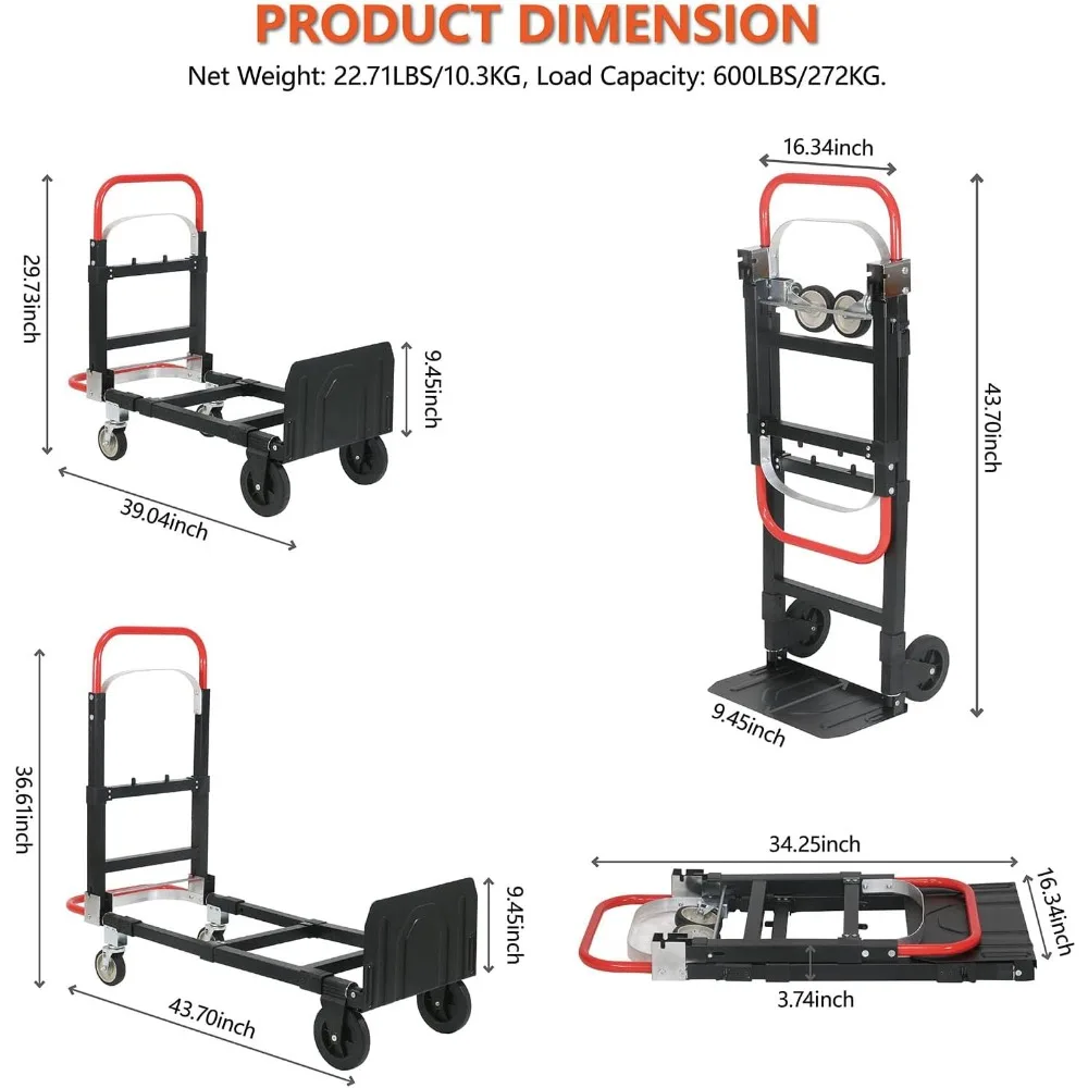 

Upgraded 2 in 1 Convertible Hand Truck Dolly 600lbs Capacity， for Transport and Moving in Home, Warehouse, Supermarket, Office