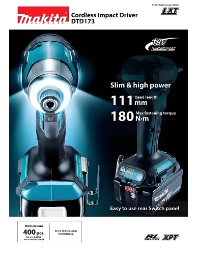 Makita DTD173 18V LXT Cordless Brushless Impact Driver 180 N·M T-Mode Electric Drill Rechargeable Power Tools for Wood Bolt