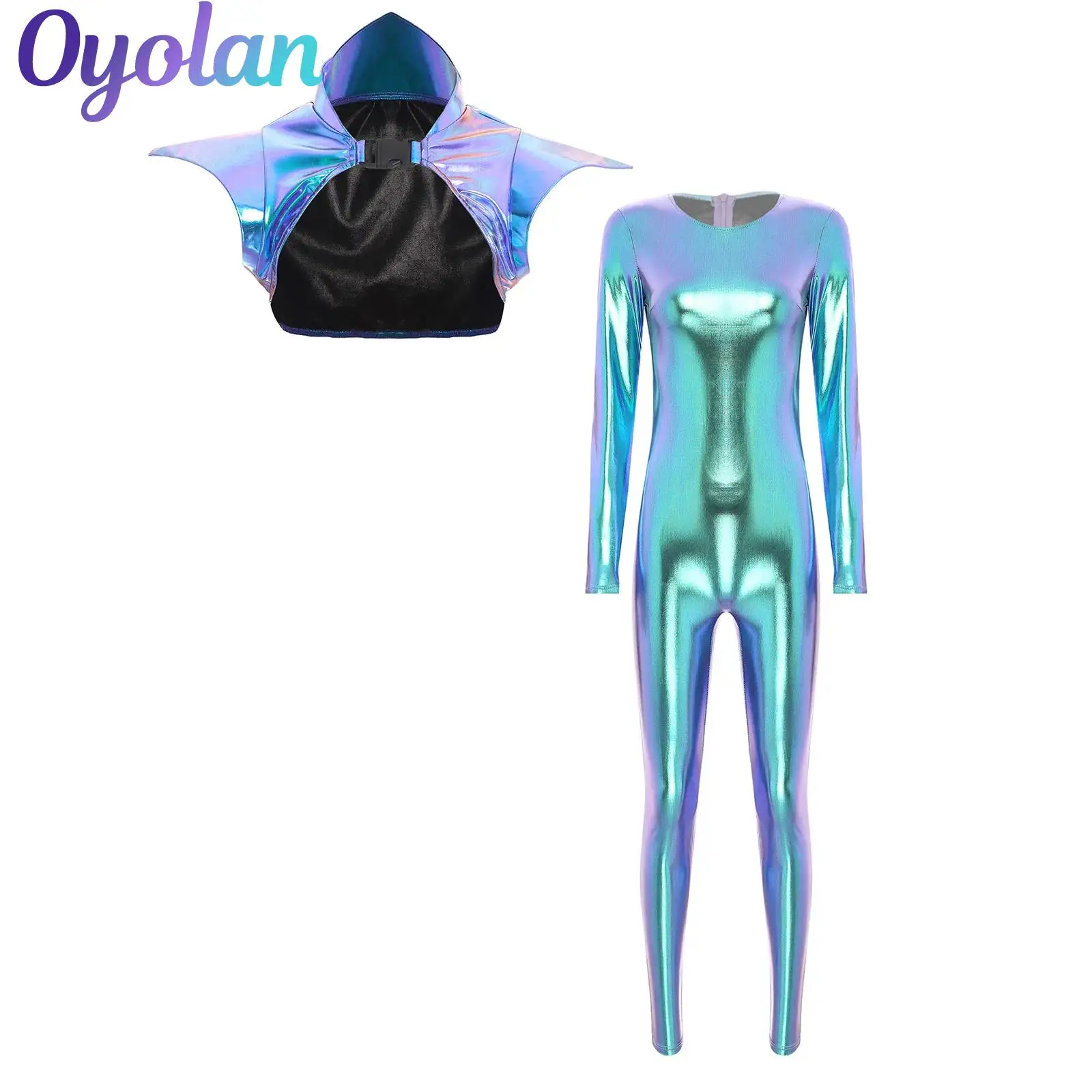 Mono de cuerpo entero con mangas largas para mujer, tipo zentai, con capa desmontable en los hombros y alas, ideal para disfraces de Halloween y cosplay.