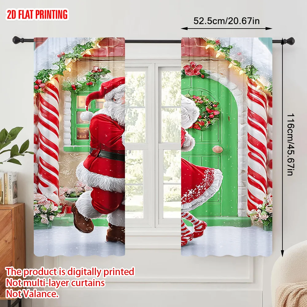 2pcs,2D plane printing Curtains Santa & Mrs_ Claus Dancing Polyester Easy Install (without rod) Decorations Inside Ldeal for