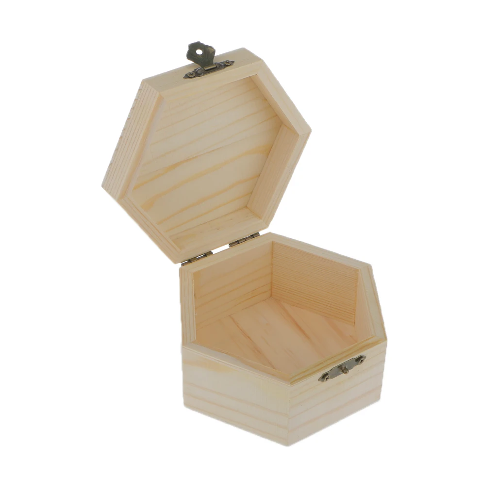 Unpainted Plain Hexagonal Wooden Jewelry Box Trinket Chest Gift Box