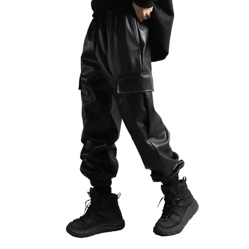 

Hip Hop Mens Pleated Pu Leather Pants Harajuku Retro Streetwear Loose Ruched Casual Trousers Straight Solid Color Black Pants