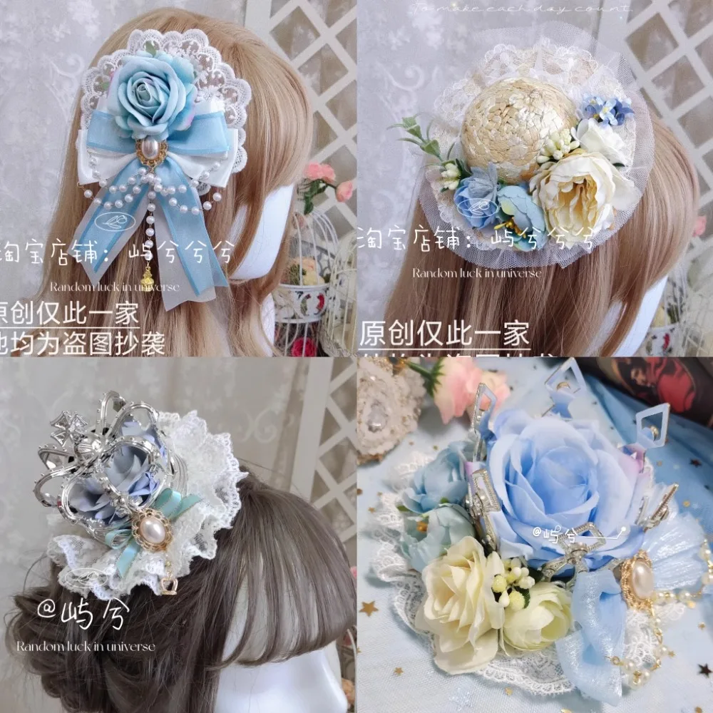 

Light Blue Hair Accessories Lolita Lolita Crown Hairpin Straw Hat Cat Ears Pastoral Style Lace Necklace Hairclip Accesorios