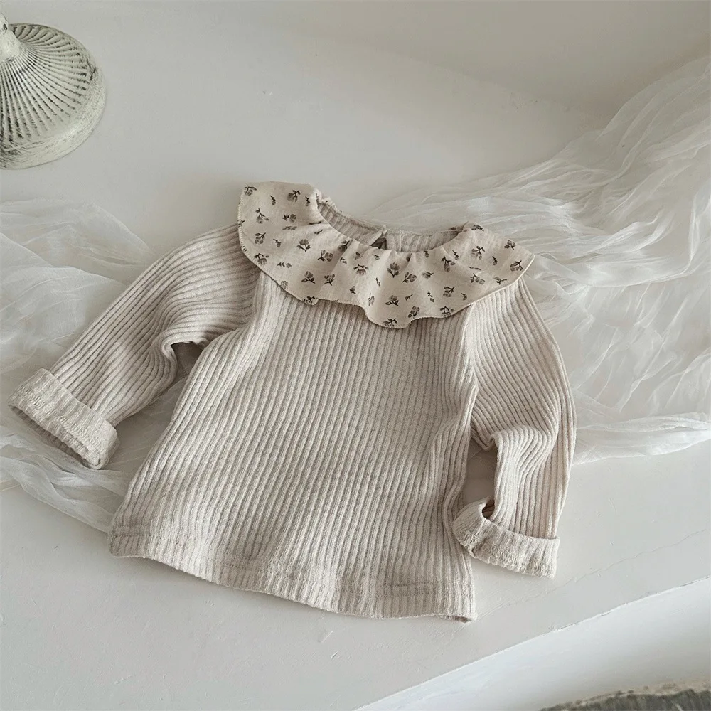 2024 Autumn Baby Girl T Shirt Toddler Solid Bottoming Shirt Cute Floral Lotus Leaf Collar Top Infant Pit Stripe Long Sleeve Tees