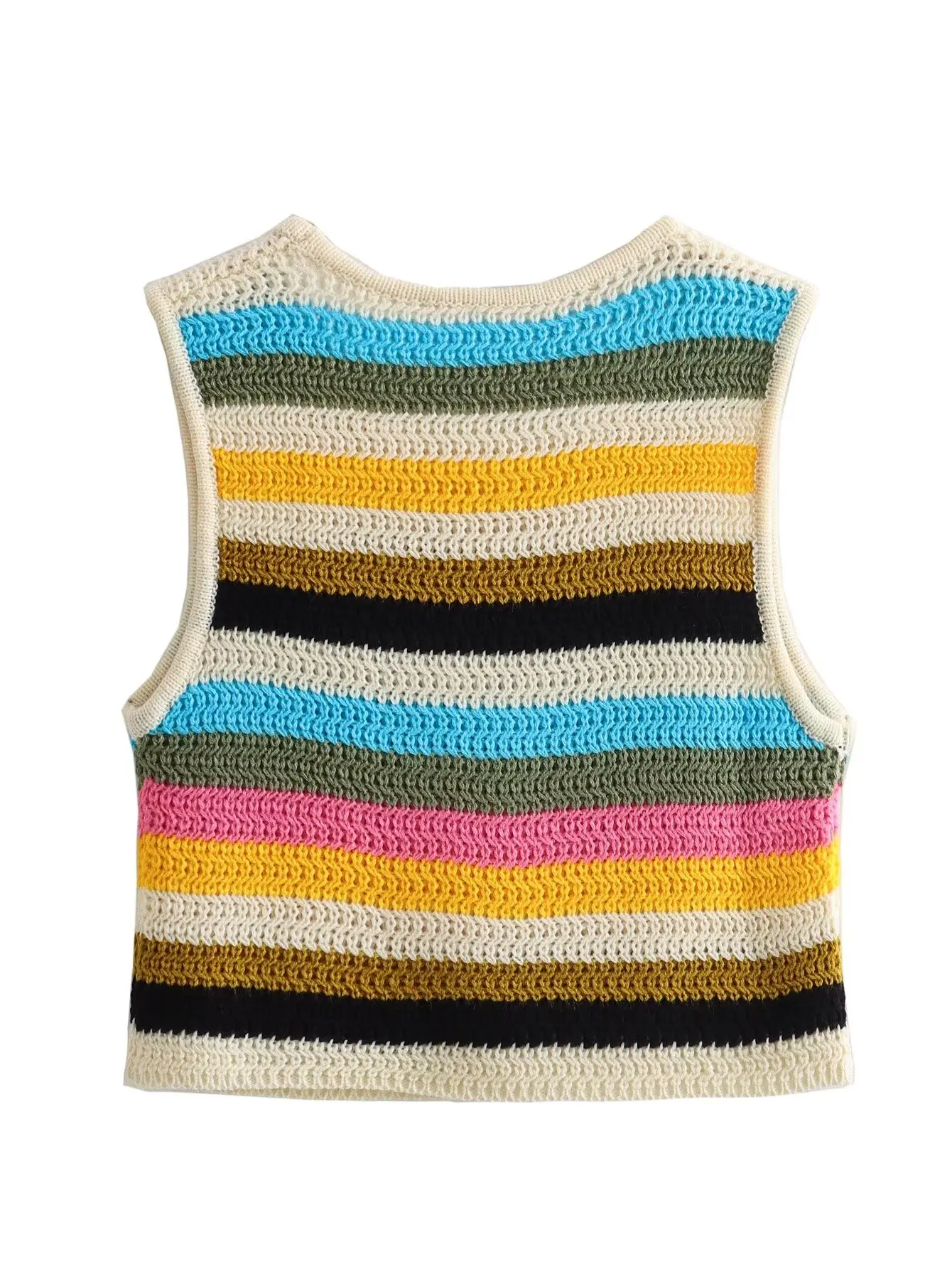 Women\'s Summer Striped V-Neck Sleeveless Sweater In Thin Crochet Fabric Rainbow Striped Ultra Short Mini Vest Crew Neck Pullover