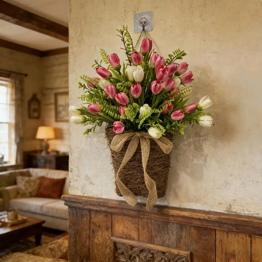 Artificial Flower Wreath Artificial Tulip Door Hanger Basket Wreath Spring Summer Floral Hanging Basket Front Door Wildflower