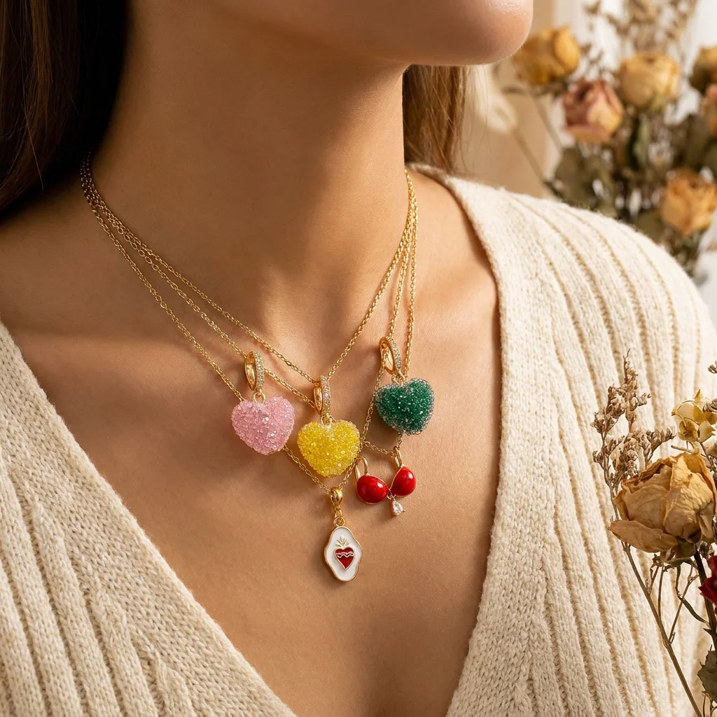 3 Stück Dopamin-Anhänger im modischen, farbenfrohen Apfel-Herz-Design zum Selbermachen für Schmuck. – Detail 1