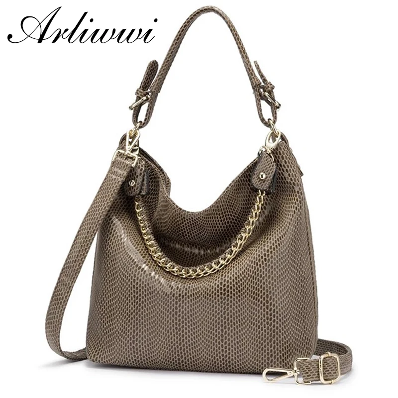 Arliwwi Large PU Leather Shiny Serpentine Casual Bags Hobos Stylish Luxury Embossed Big Handbag Women P015
