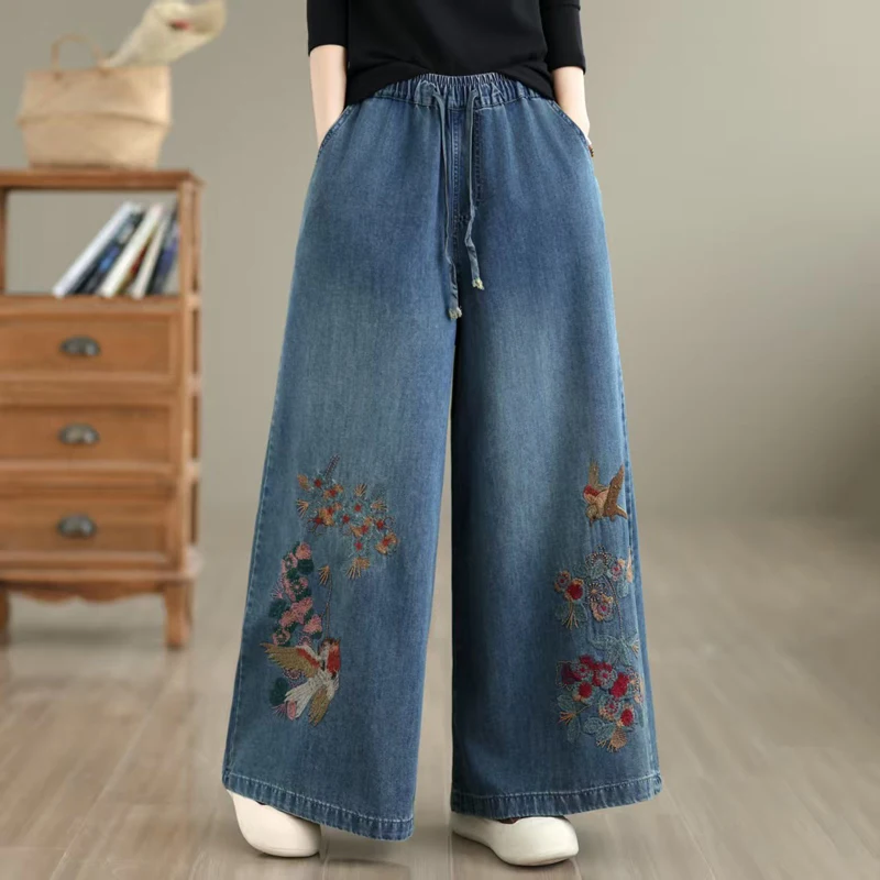 

Elegant Embroidered Heavy Work Loose Straight Leg Wide Leg Jeans Casual High Waist Long Pants Cotton Polyester Blend