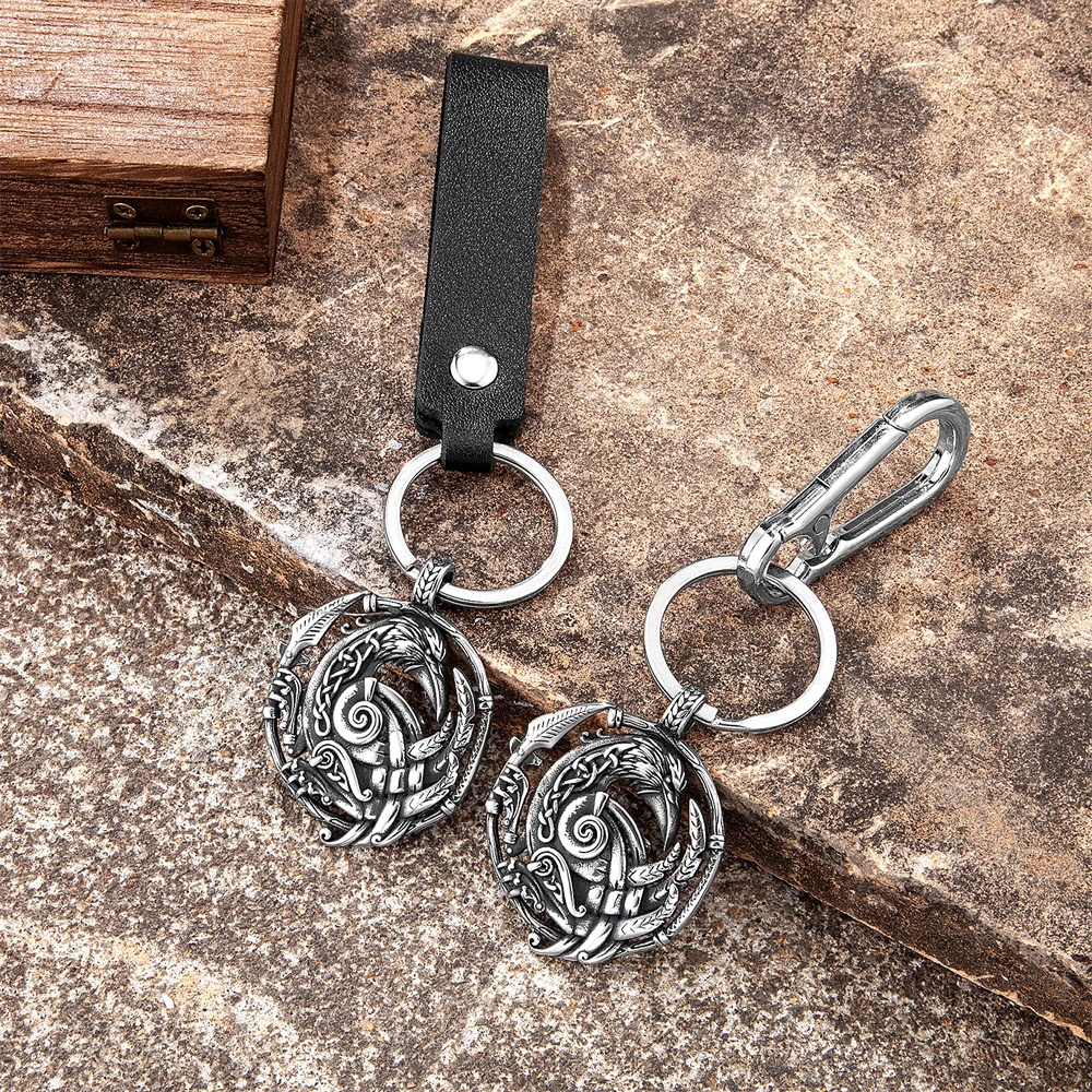 Men Viking Rune Hollow Out Crow Keychain Punk Odin Raven Feather Animal Pendant Stainless Steel Amulet Scandinavian Jewelry Gift
