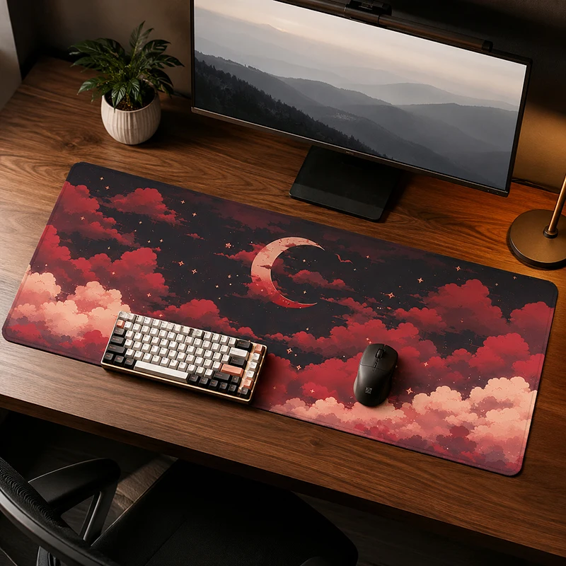 Mouse Pad Crescent Moon Red Clouds Gamer printon demand New Large Home Mousepad XXL Desk Mats Office Non-Slip Desktop Mouse Pad