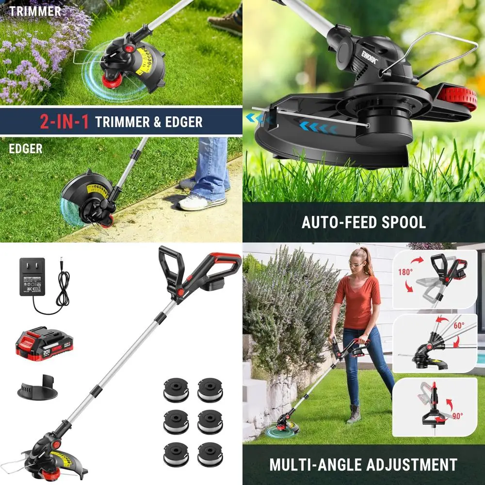 

12-дюймовый электрический триммер-косилка с автоматической подачей лески, аккумулятором 2.0 Ач и 6 сменными катушками для ухода за газоном и садом