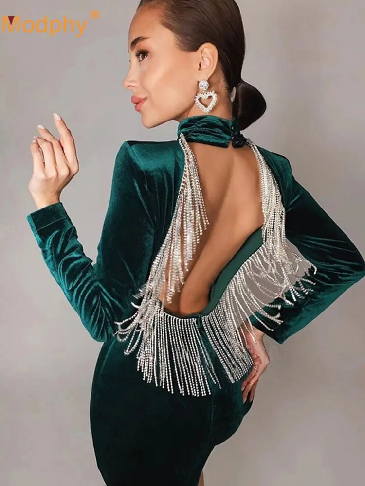 

Sexy Backless Diamond Tassel Velvet Dress Women's Long Sleeve Bodycon Mini Club Celebrity Evening Party Vestidos 2025 Autumn New