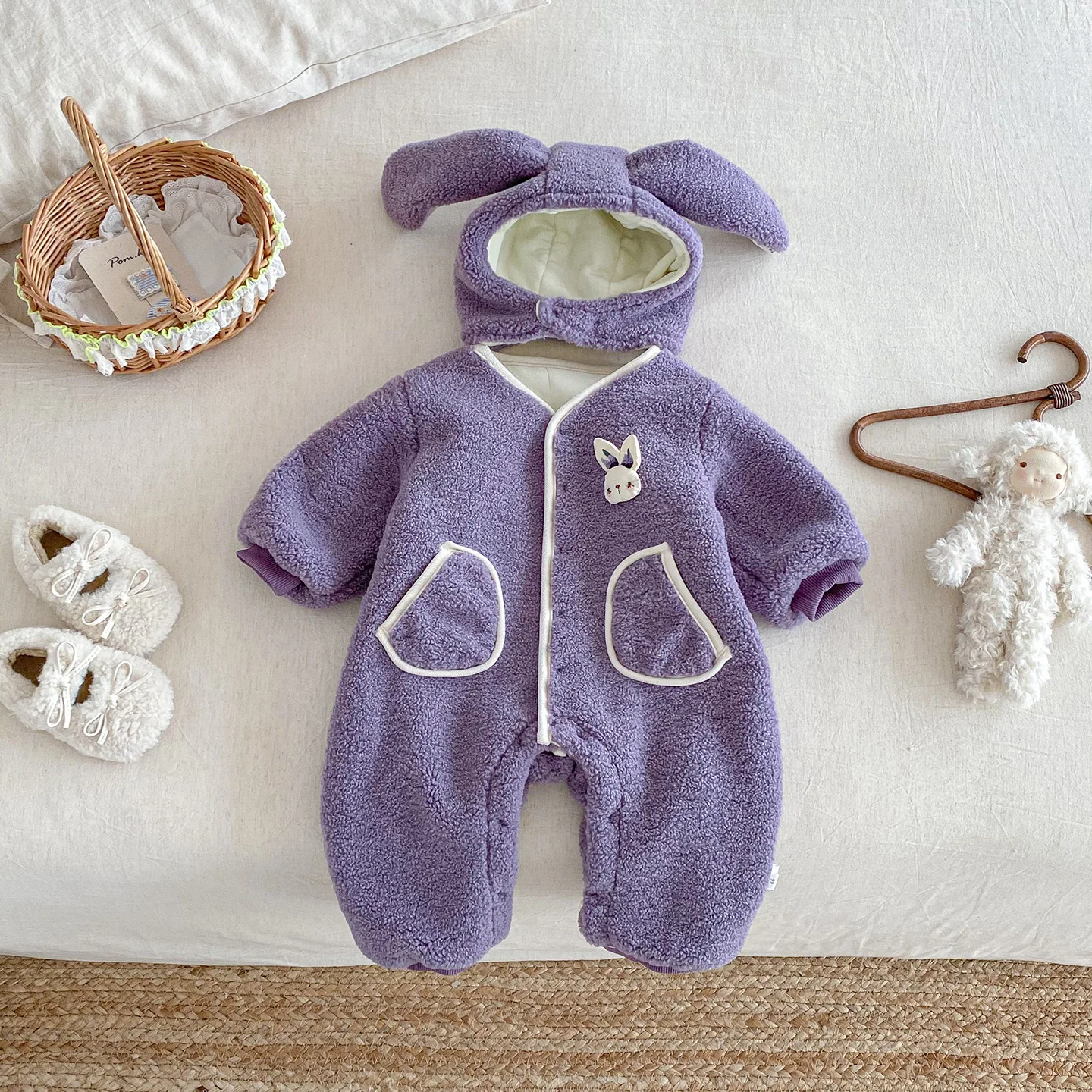 ثوب فضفاض للأطفال الصغار 2025 شتاء سميك دافئ أرنب الرضع طفل الفتيات حللا صوف الضأن الوليد الفتيات داخلية وزرة قبعة #3