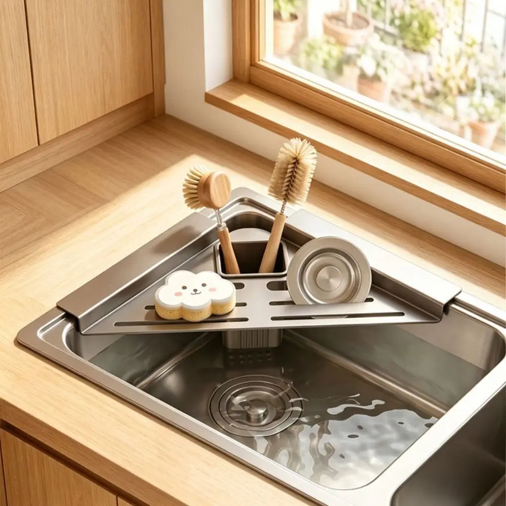 Carbon Steel Sink Corner Rack with Draining Cup Quick Water Drainage Sink Drain Shelf Triangular Shape Dish Drying Rack