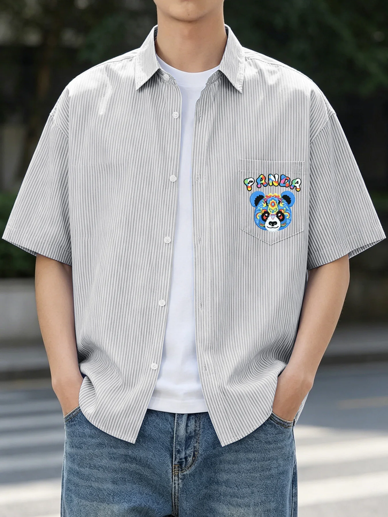 Summer new style trendy men's clothing fun cartoon pocket print short sleeve casual simple outer wear shirt