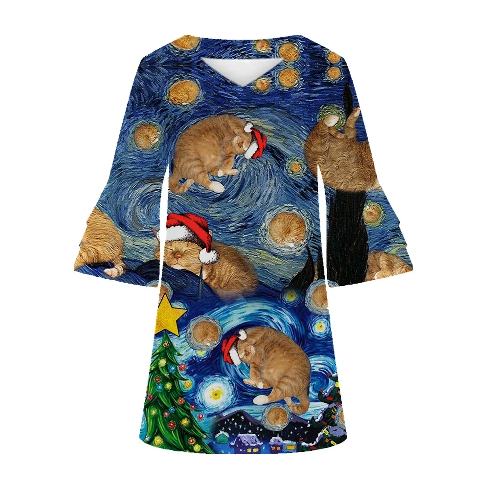 Jumeast Starry Cat Women Casual Flared Sleeve V-Neck Dress Van Gogh Style Pattern Elegant Brahman Skirt Tropical Style Clothing