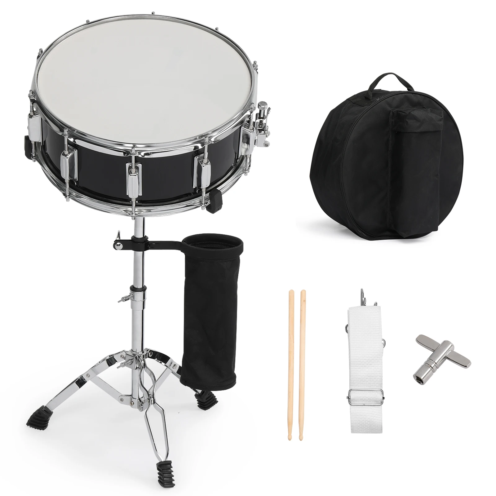 Juego de caja de tambor de 14 x 5,5 pulgadas con soporte para baquetas, bolsa de caja, correa, almohadilla silenciosa y baqueta para estudiantes principiantes, color negro