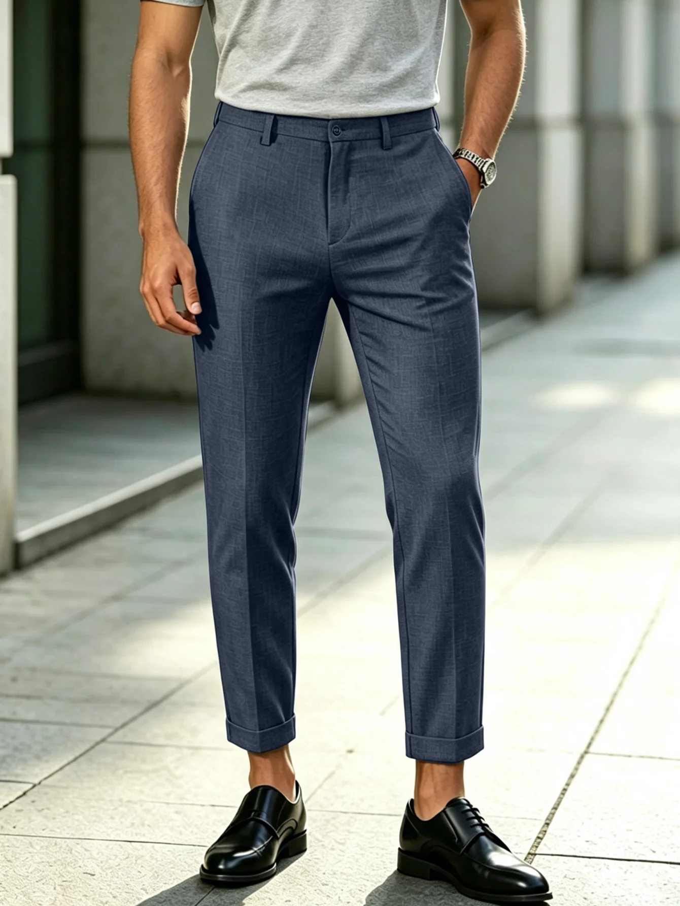 Men's Dark Blue Linen Textured Suit Pants Cropped Trousers Roll Cuff Tapered Business Casual Ankle DressSmartCasualAnkleTrousers