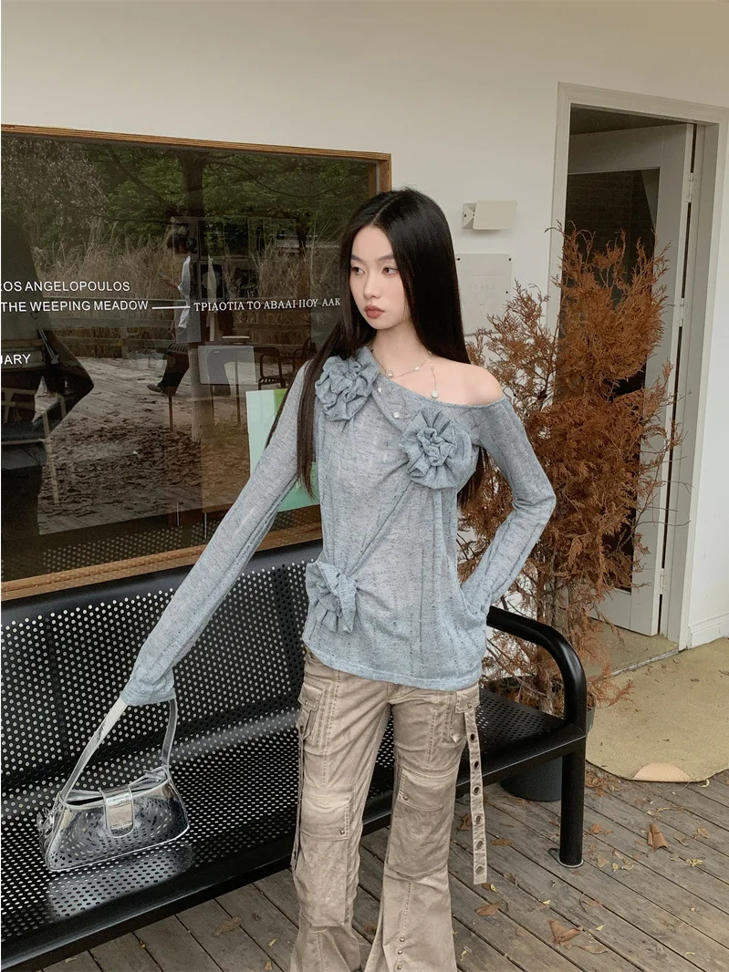 Early Autumn Base Shirt Comfortable Knitted Shoulder Bared 3D Flower Decoration Stretchy Casual Long Sleeve Women's Top