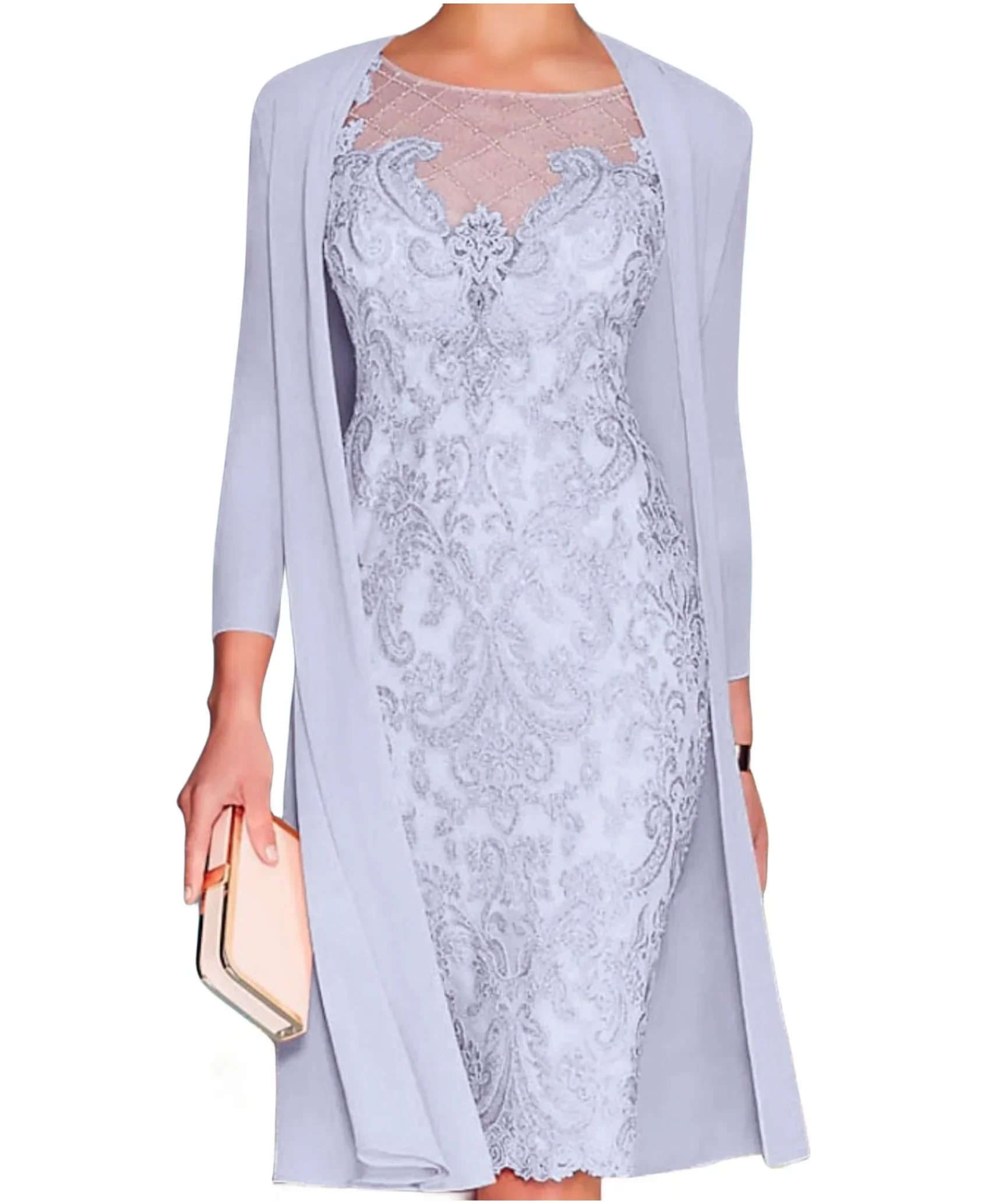 Mother of the Bride Dress Formal Wedding Jewel Neck Knee Length Chiffon Lace 3/4 Length Sleeve with Beading  2024Customized