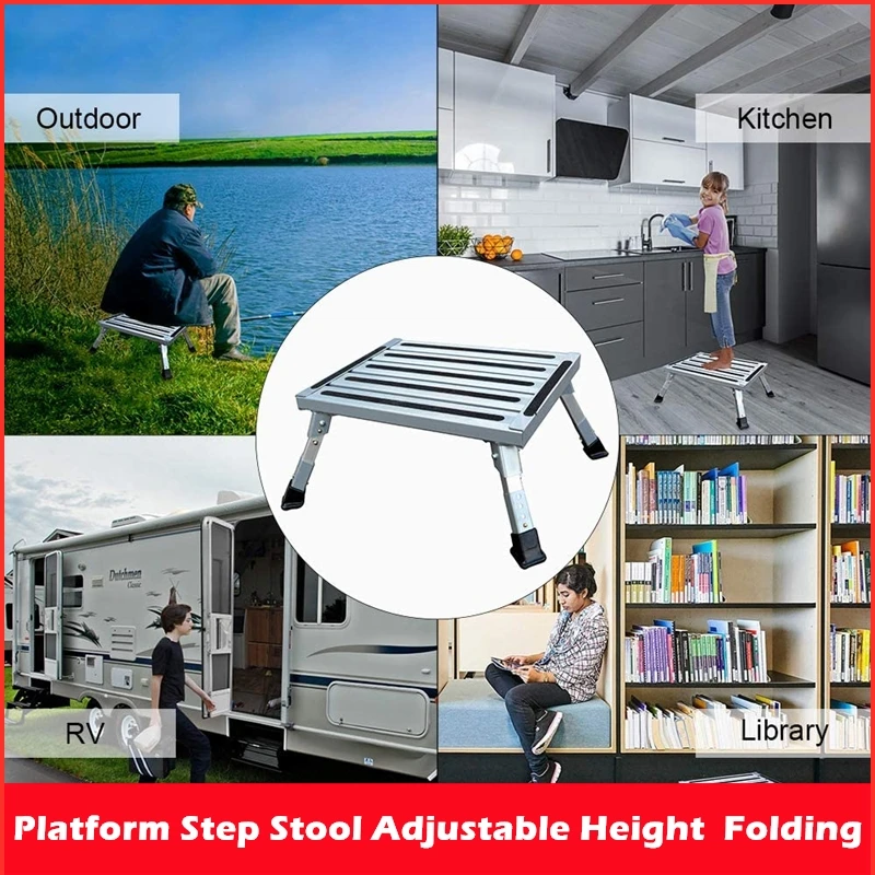 Extra Large Aluminum RV Step Stool Height Adjustable Folding Platform Step Anti-Slip Surface Rubber Feet Supports Up to 1000lbs