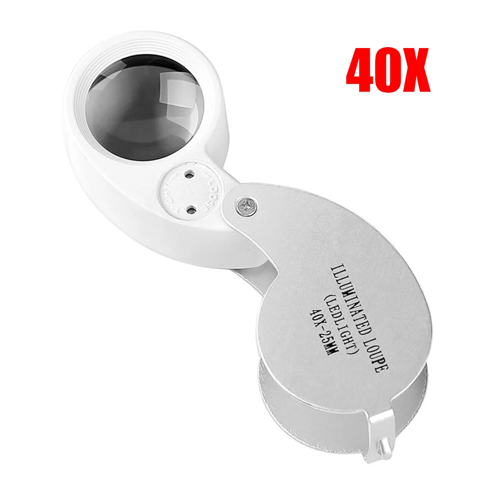 40x Magnifiers with LED Light 25mm Folding Loupe Jewelry Optical Glass Portable Tools for Reading Jewelers Watch Repair Supplies