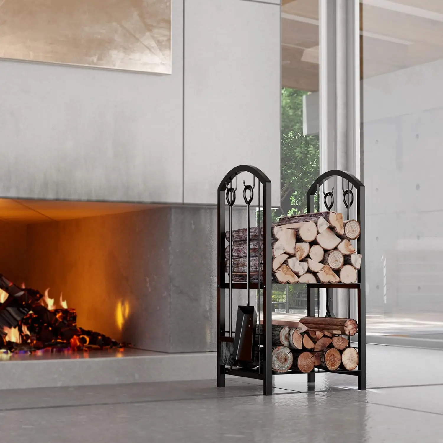 Fireplace Use, Metal, Black, 5 - Piece Firewood Storage Rack with 4 Tools Set