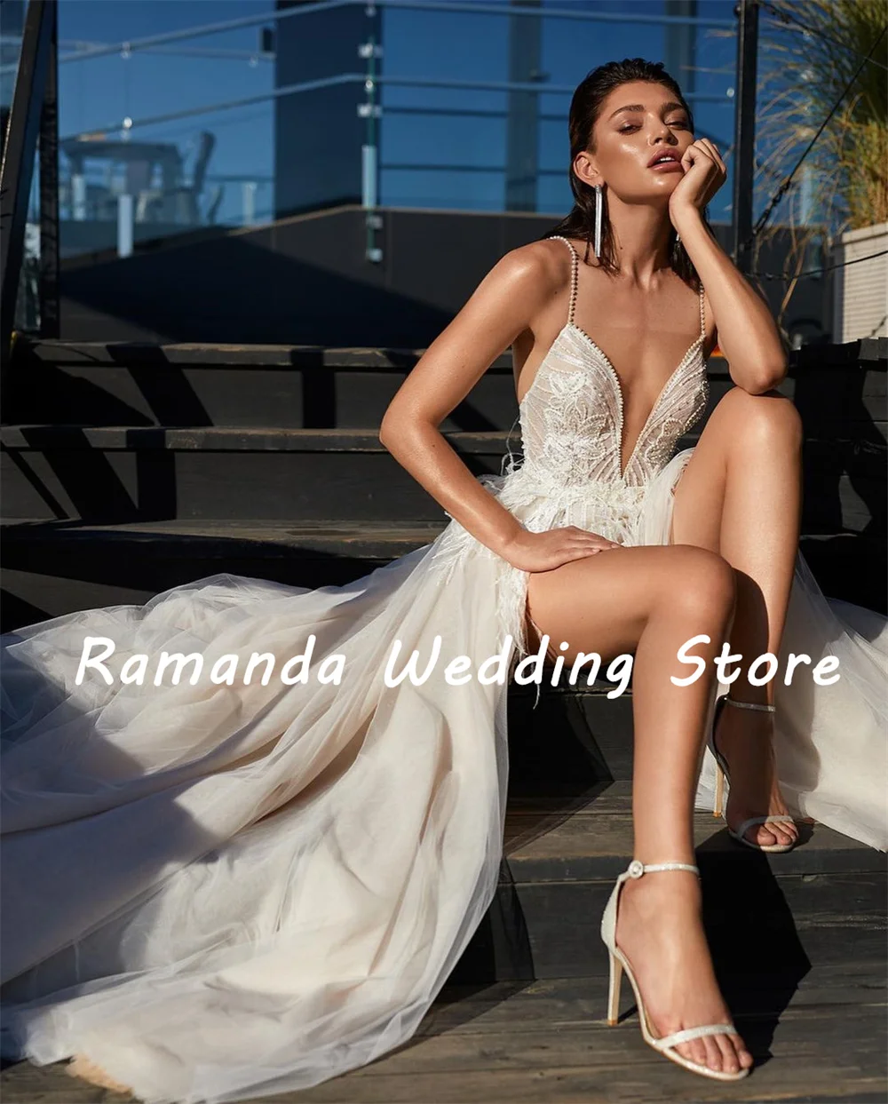 Ramanda Spaghetti Strap Sexy Wedding Dresses V-Neck A-line Side High Slit Sweep Train Exquisite Lace Appliques Bridal Gown