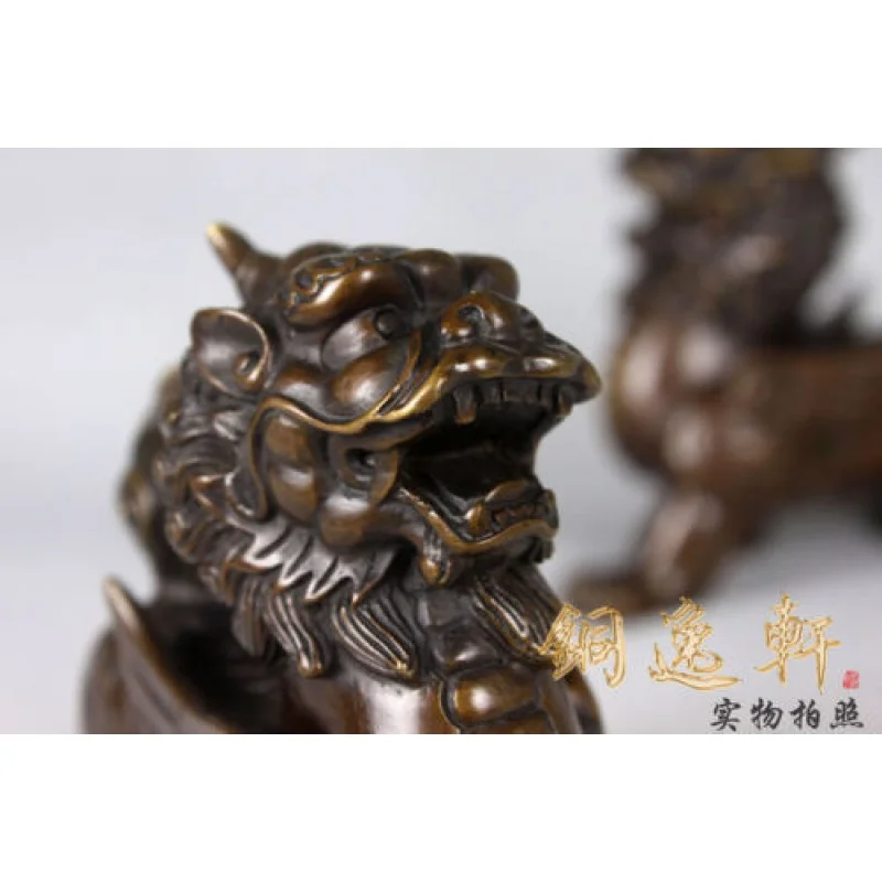 A Pair of Oriental Bronze KIRIN Lion Statue Patron Saint Brave Troops ~ May You Fortune