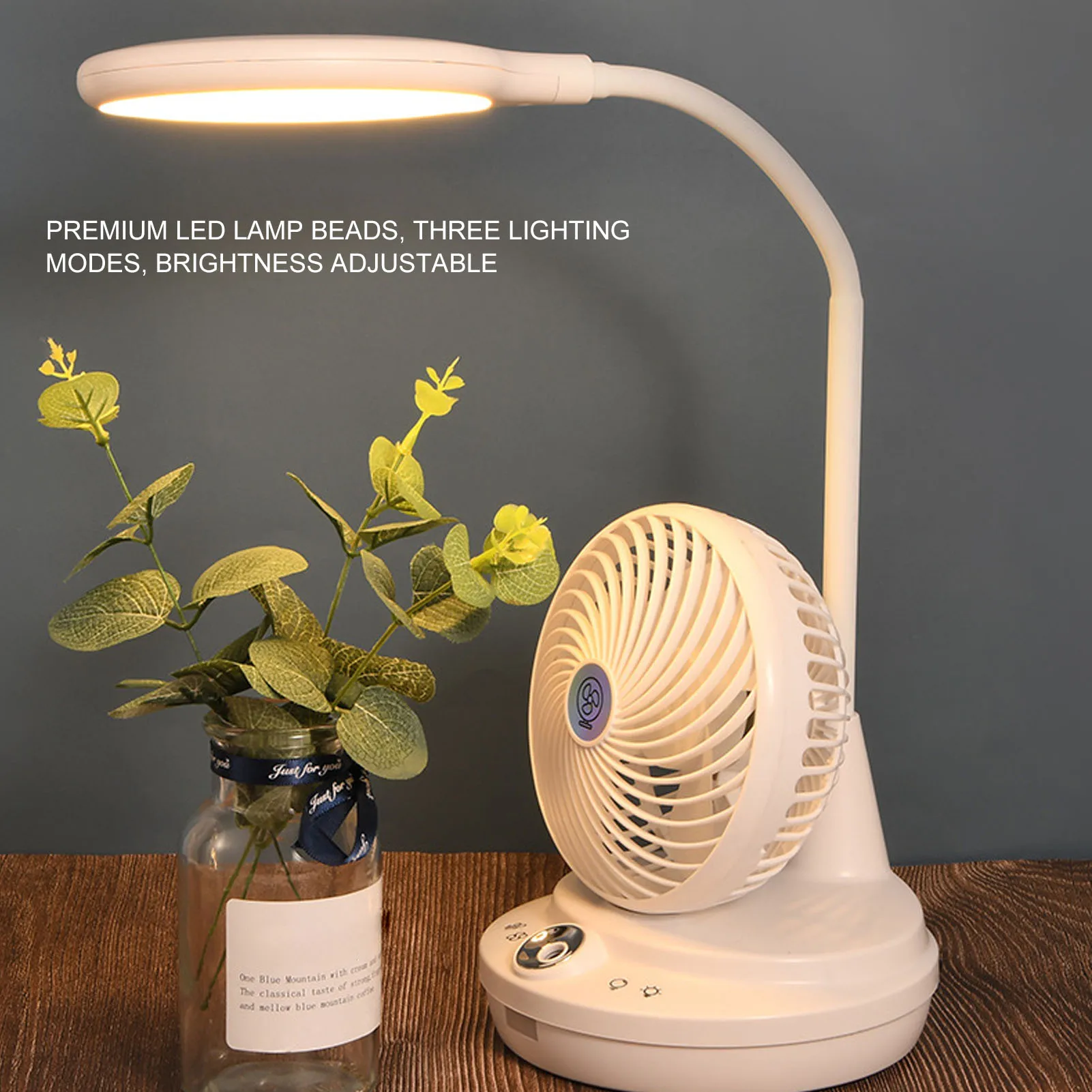 3 in 1 Desk Lamp Fan Humidifier Angle Brightness Wind Power Adjustable for Dorm Study Office Supplies White 100ml