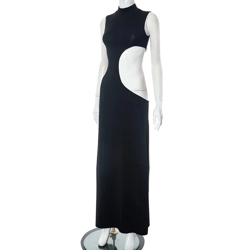 Robe longue taille dénudée pour femmes, vêtements d'extérieur, col rond, fibre découpée, tambour sexy, base précieuse, mode féminine, été, 2024